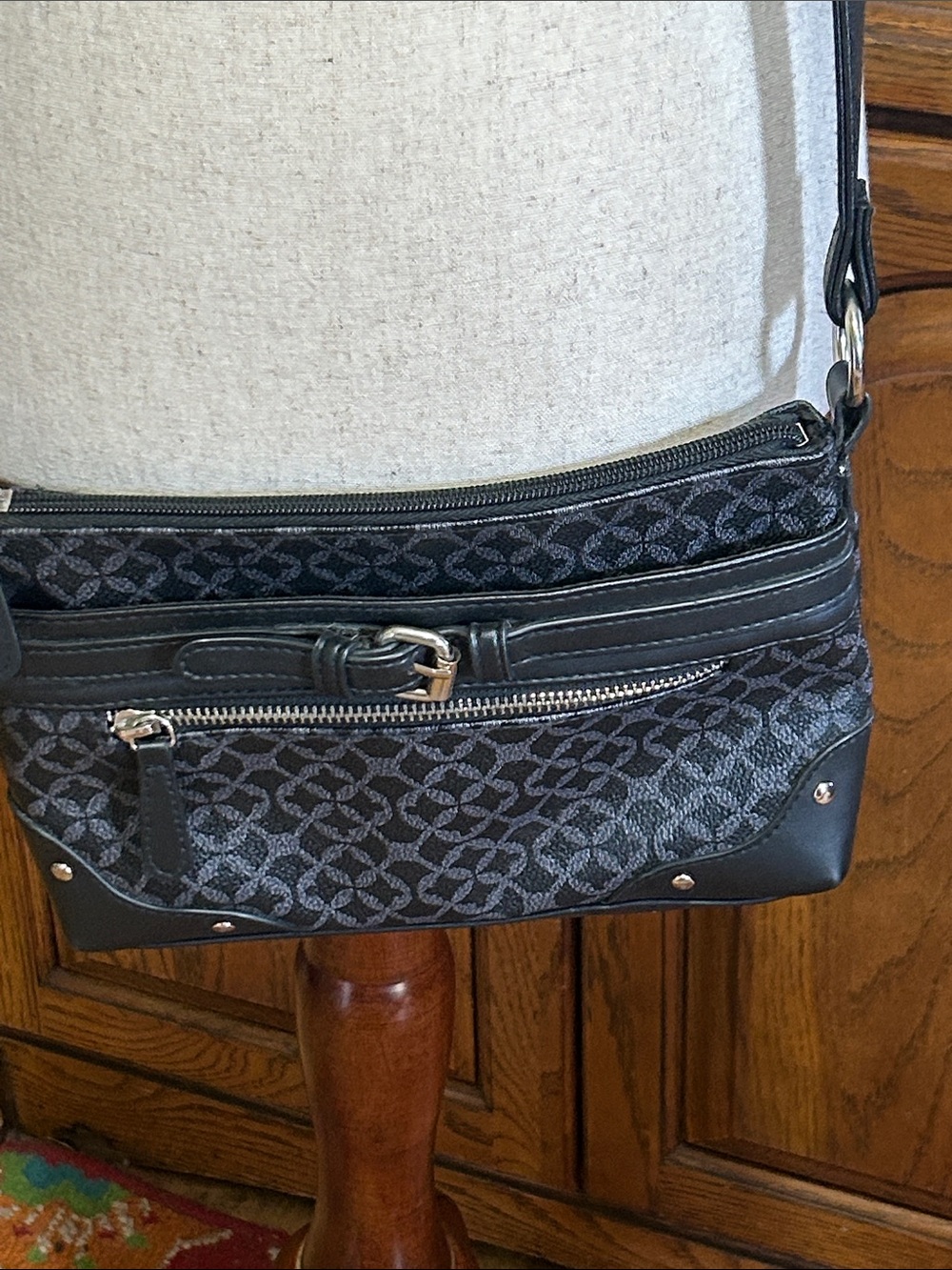 Black Patterned Crossbody Bag with Silver Hardware